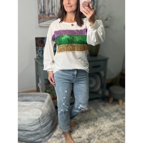 Mardi Gras Sequined Color Block French Terry Purple Green Gold Ivory 1123 - Picture 6 of 11